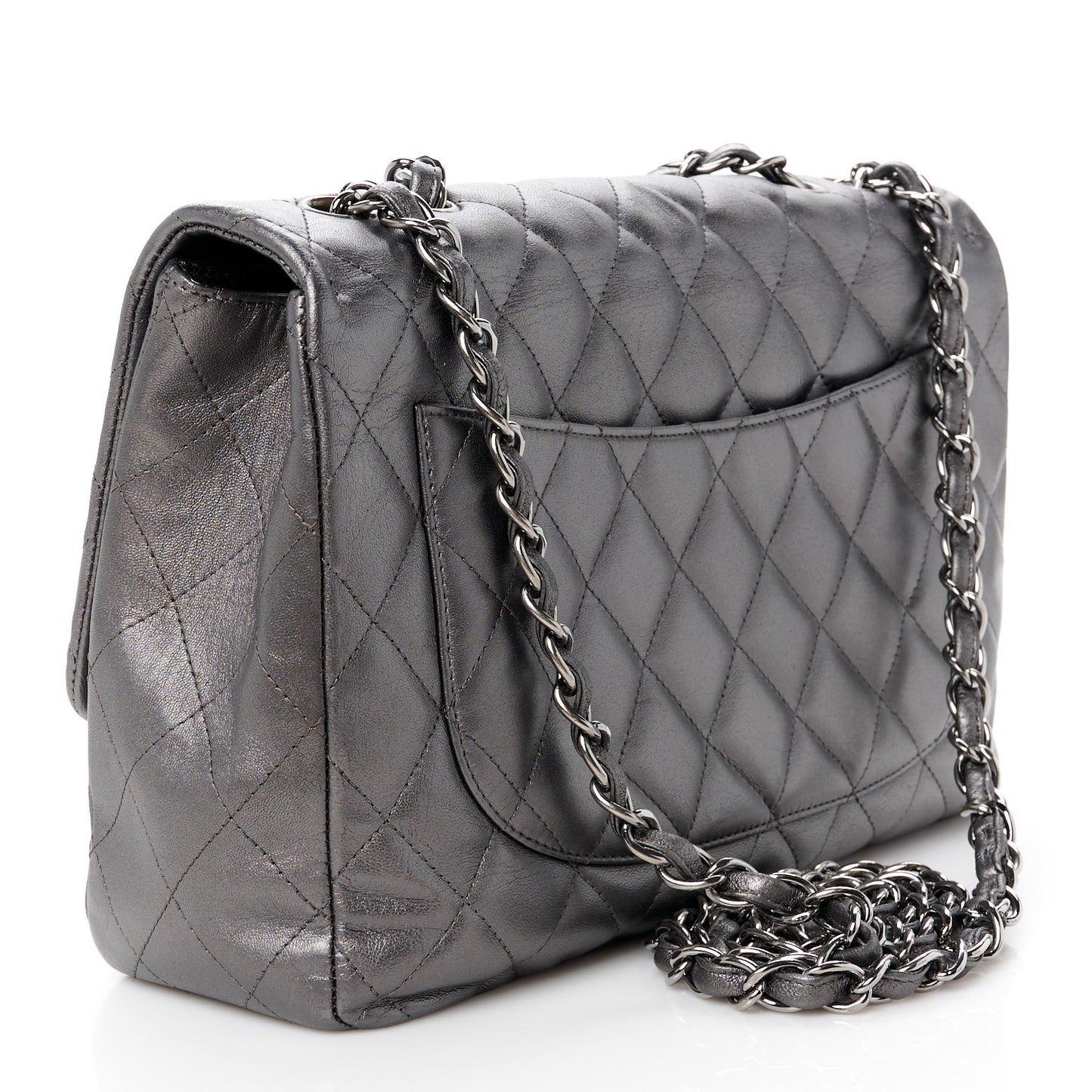 Metallic Lambskin Quilted Jumbo Single Flap Dark Grey