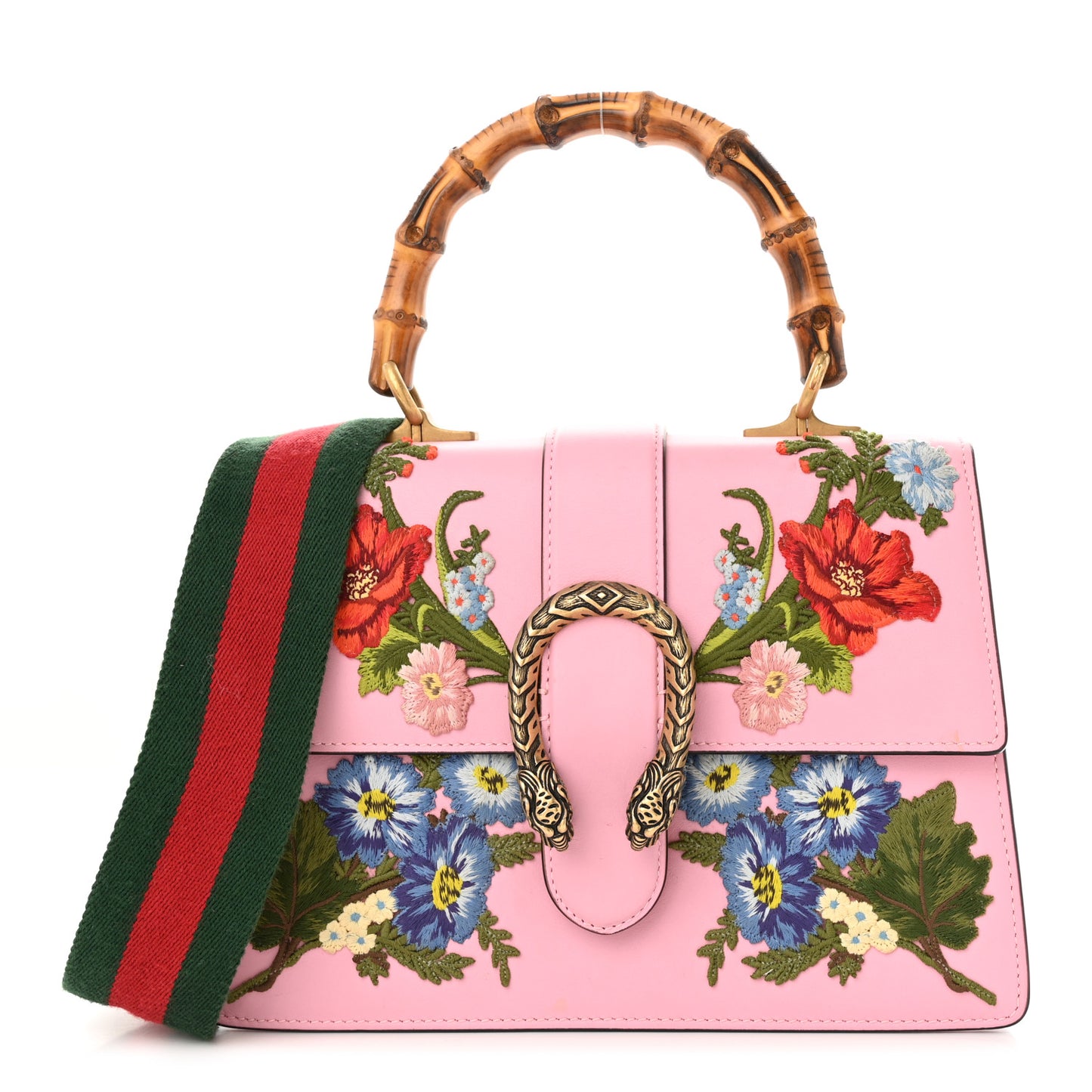 Calfskin Bamboo Web Embroidered Medium Dionysus Top Handle Bag Pink
