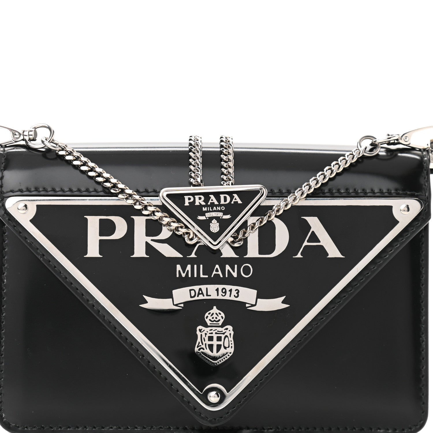 Prada Spazzolato Triangle Logo Plate Flap Chain Crossbody Bag Black 7 of 9