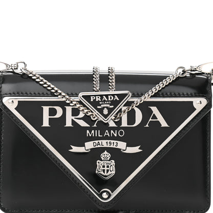 Prada Spazzolato Triangle Logo Plate Flap Chain Crossbody Bag Black 7 of 9