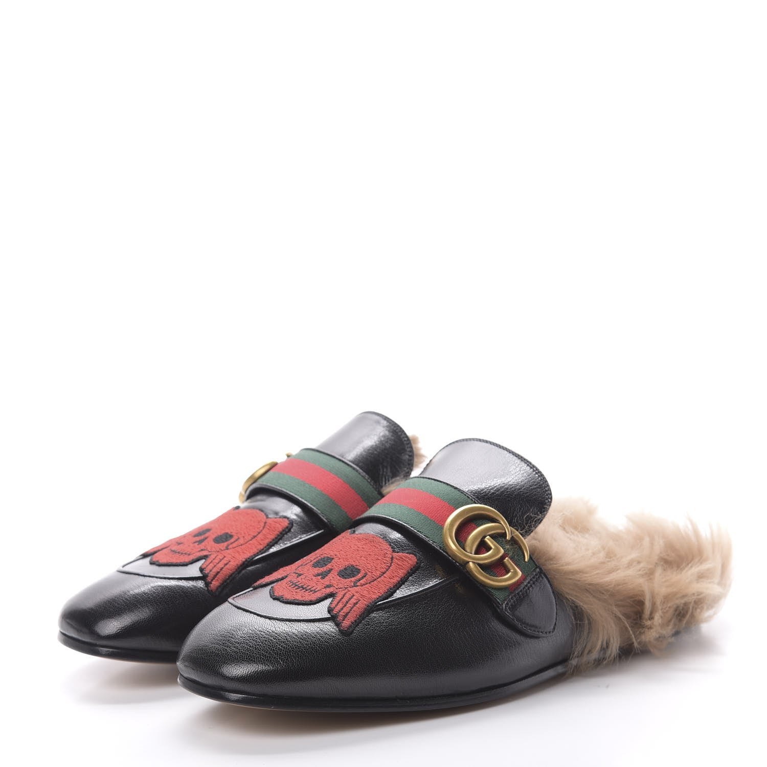 Gucci Goatskin Fur Web GG Skull Embroidered Mens Princetown Slippers 7.5 Black 3 of 9