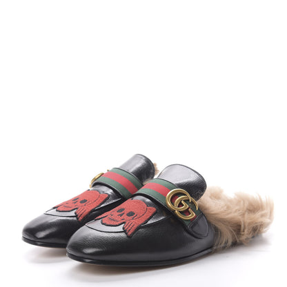 Gucci Goatskin Fur Web GG Skull Embroidered Mens Princetown Slippers 7.5 Black 3 of 9