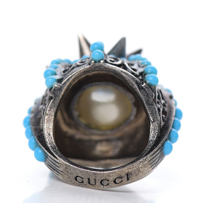 Gucci Pearl Beaded Spiked Ring 6.5 Silver Turquoise 3 of 6