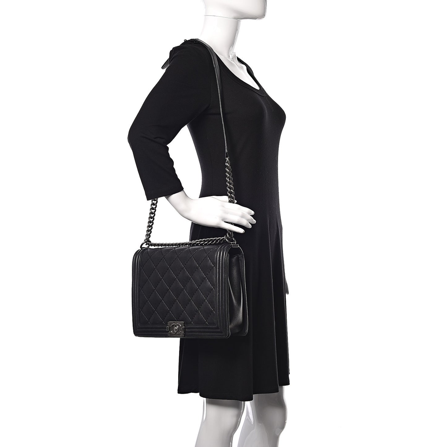 Calfskin Double Stitch Large Boy Flap Black