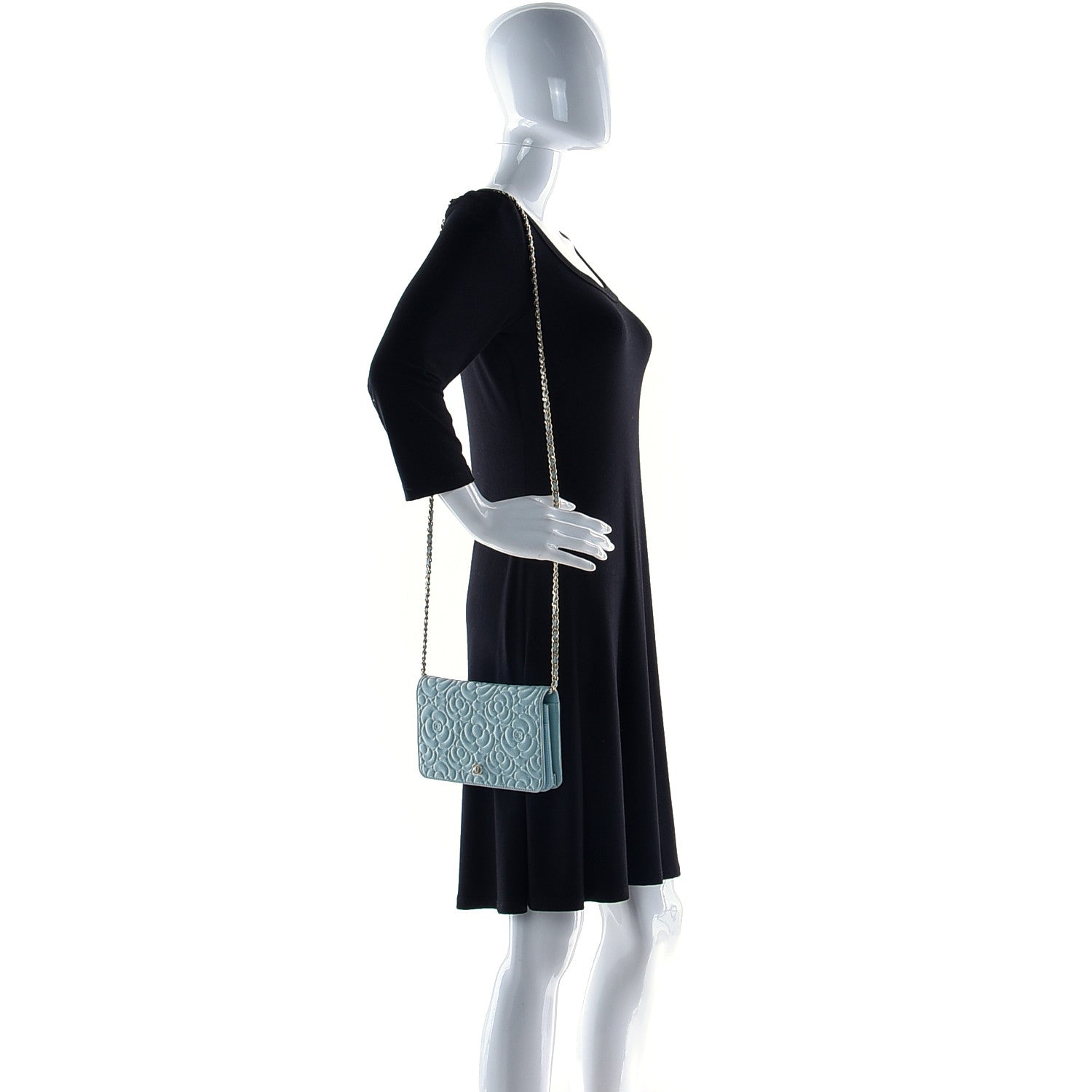 Chanel Caviar Camellia Embossed Wallet On Chain WOC Light Blue 2 of 15