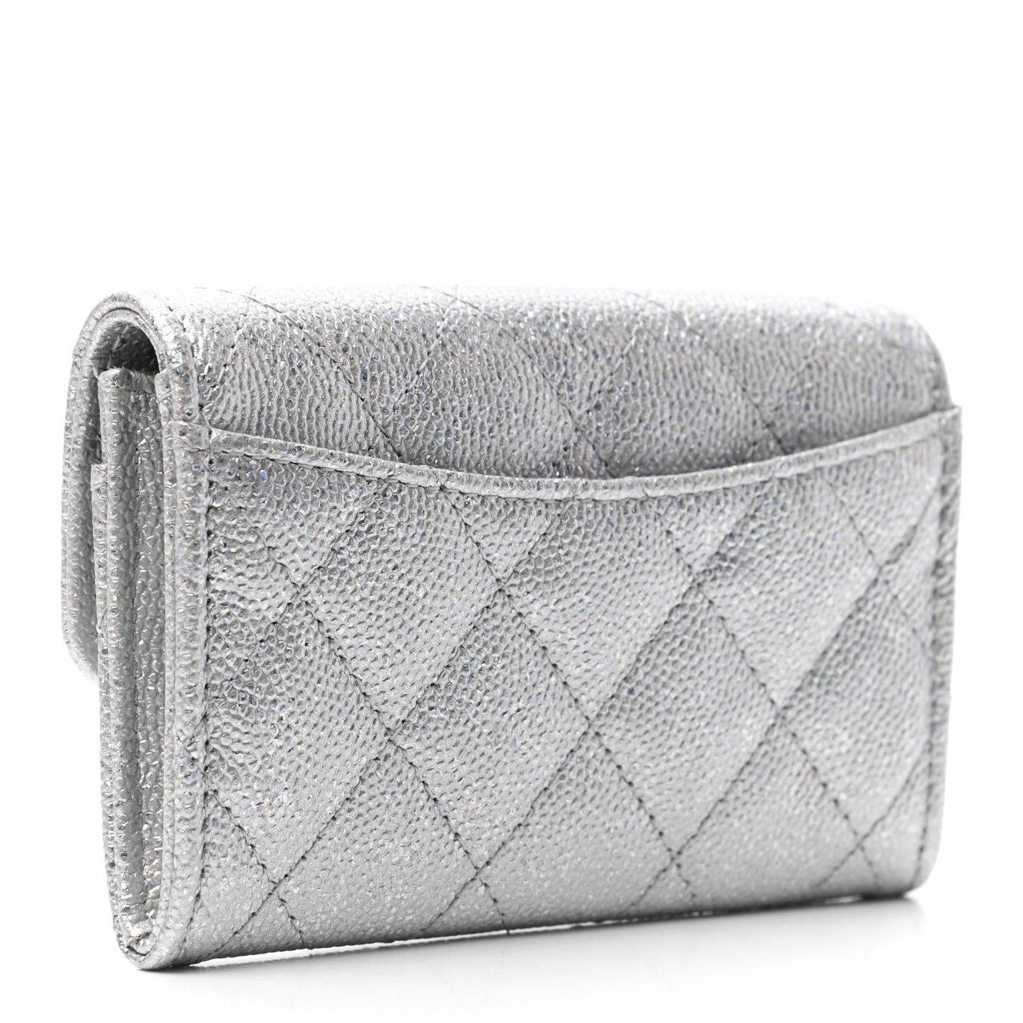 Glittered Metallic Caviar Quilted Flap Card Holder Wallet Silver
