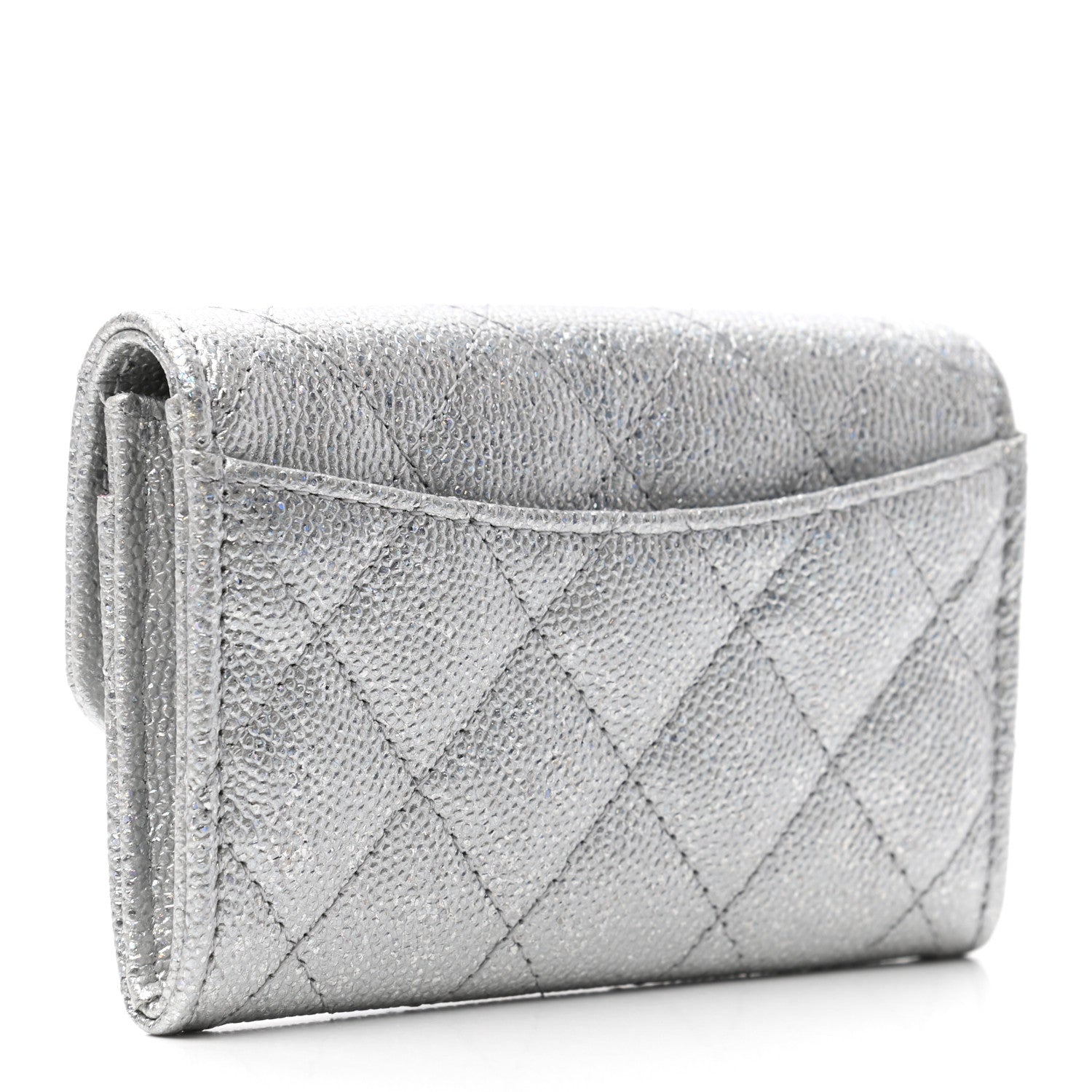 Chanel Glittered Metallic Caviar Quilted Flap Card Holder Wallet Silver 3 of 8