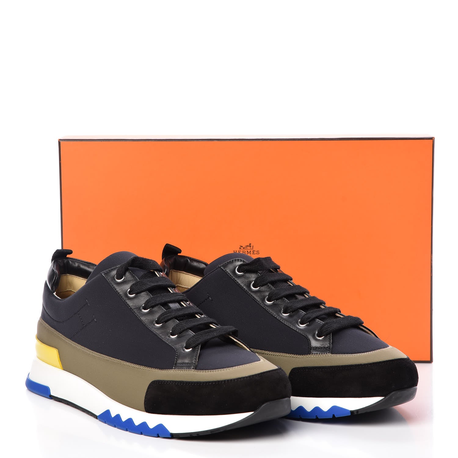 Hermes Technical Canvas Suede Goatskin Calfskin Mens Rapid Sneakers 44 Khaki Black 8 of 8