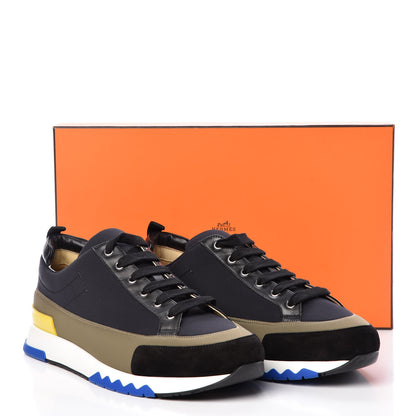 Hermes Technical Canvas Suede Goatskin Calfskin Mens Rapid Sneakers 44 Khaki Black 8 of 8