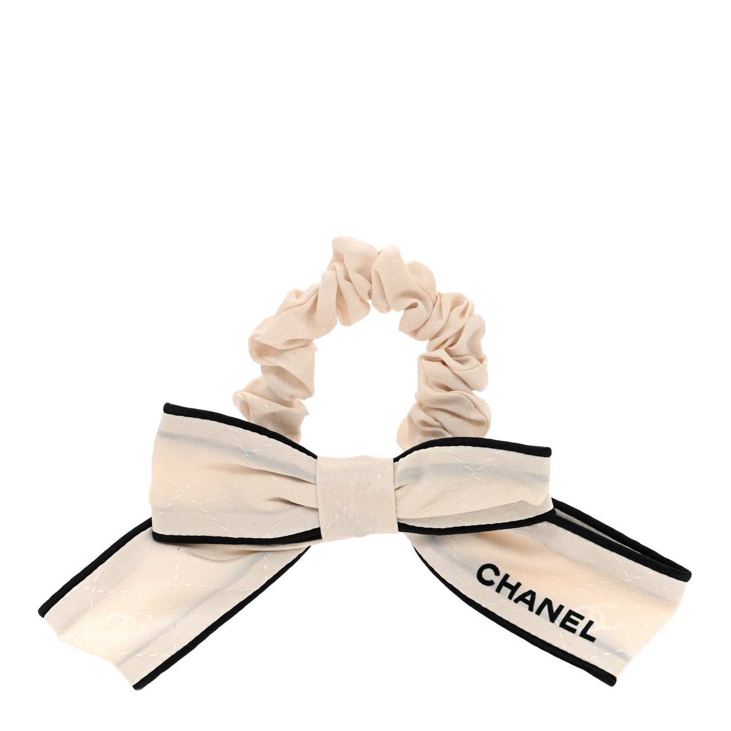 Silk CC Bow Hair Tie Ecru Black