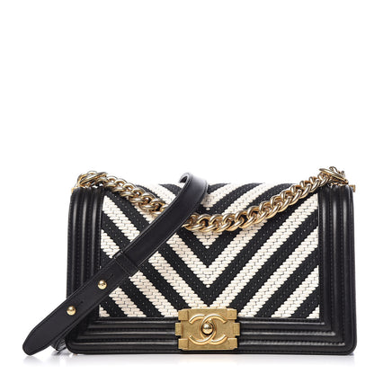 Chanel Fabric Chevron Braided Medium Boy Flap Black White 1 of 10
