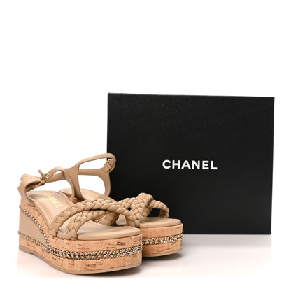 Chanel Lambskin Espadrille Braided Platform Sandals 38 Beige 9 of 9