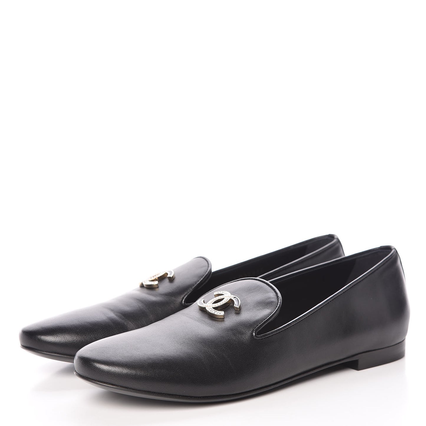 Enamel Pearl Crystal Lambskin CC Mocassin Loafers 38 Black