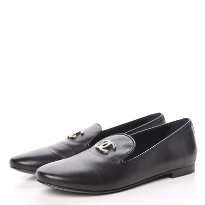 Chanel Enamel Pearl Crystal Lambskin CC Mocassin Loafers 38 Black 3 of 8