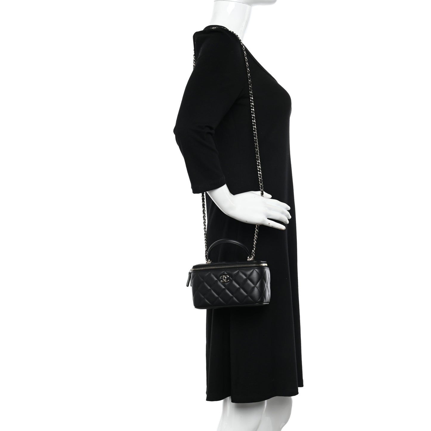 Lambskin Quilted Small Top Handle Vanity Case With Chain Black