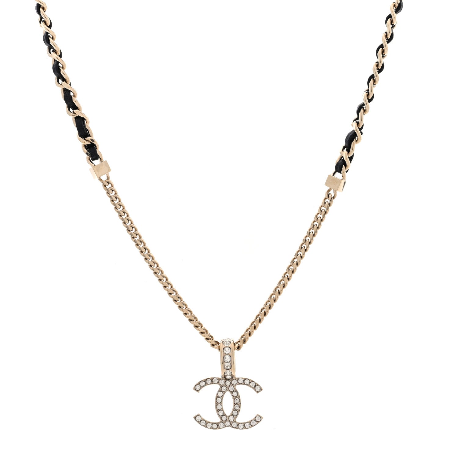 Chanel Lambskin Crystal CC Chain Pendant Necklace Black Gold 1 of 5