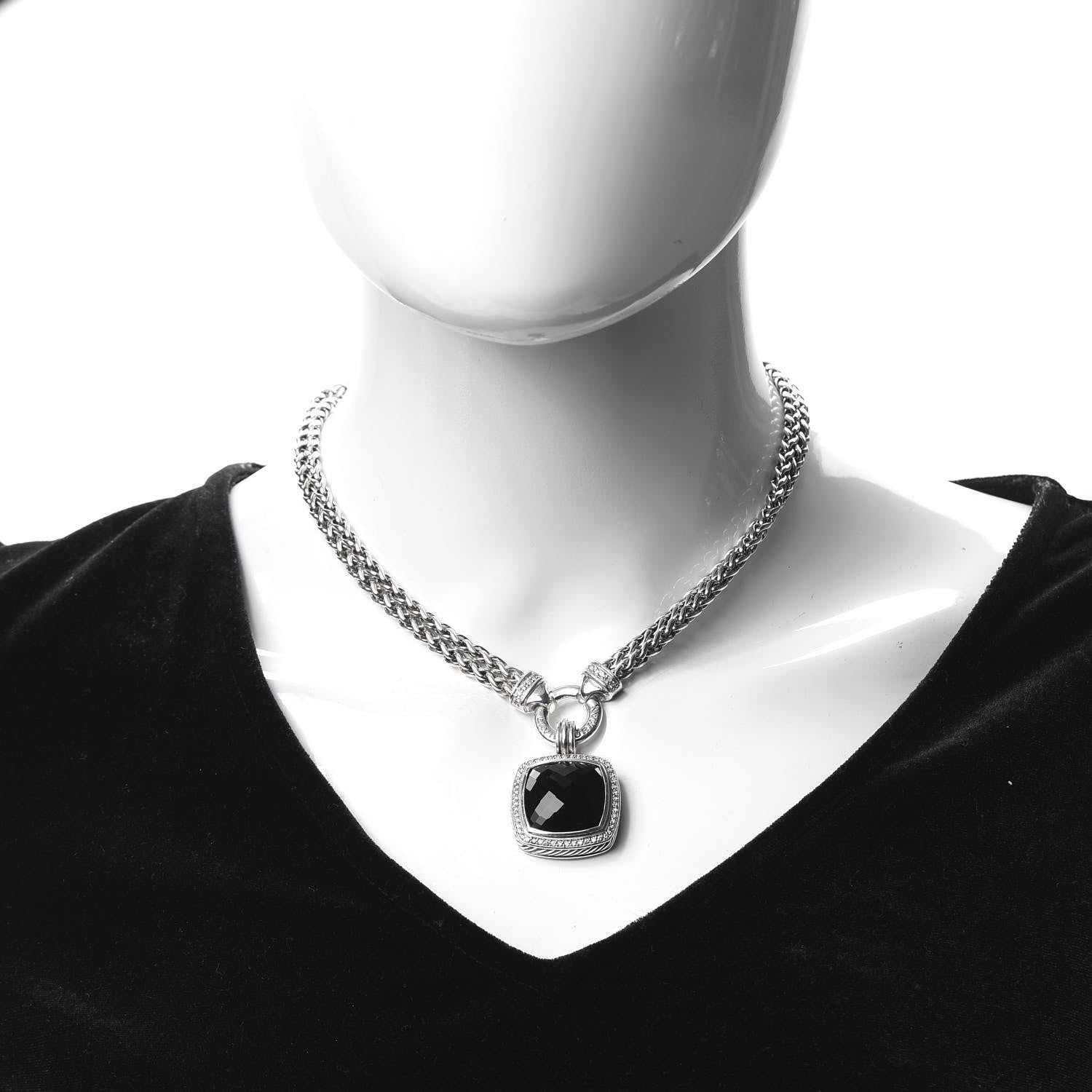David Yurman Sterling Silver Diamond Black Onyx 19mm Albion Double Wheat Chain Pendant Necklace 2 of 7
