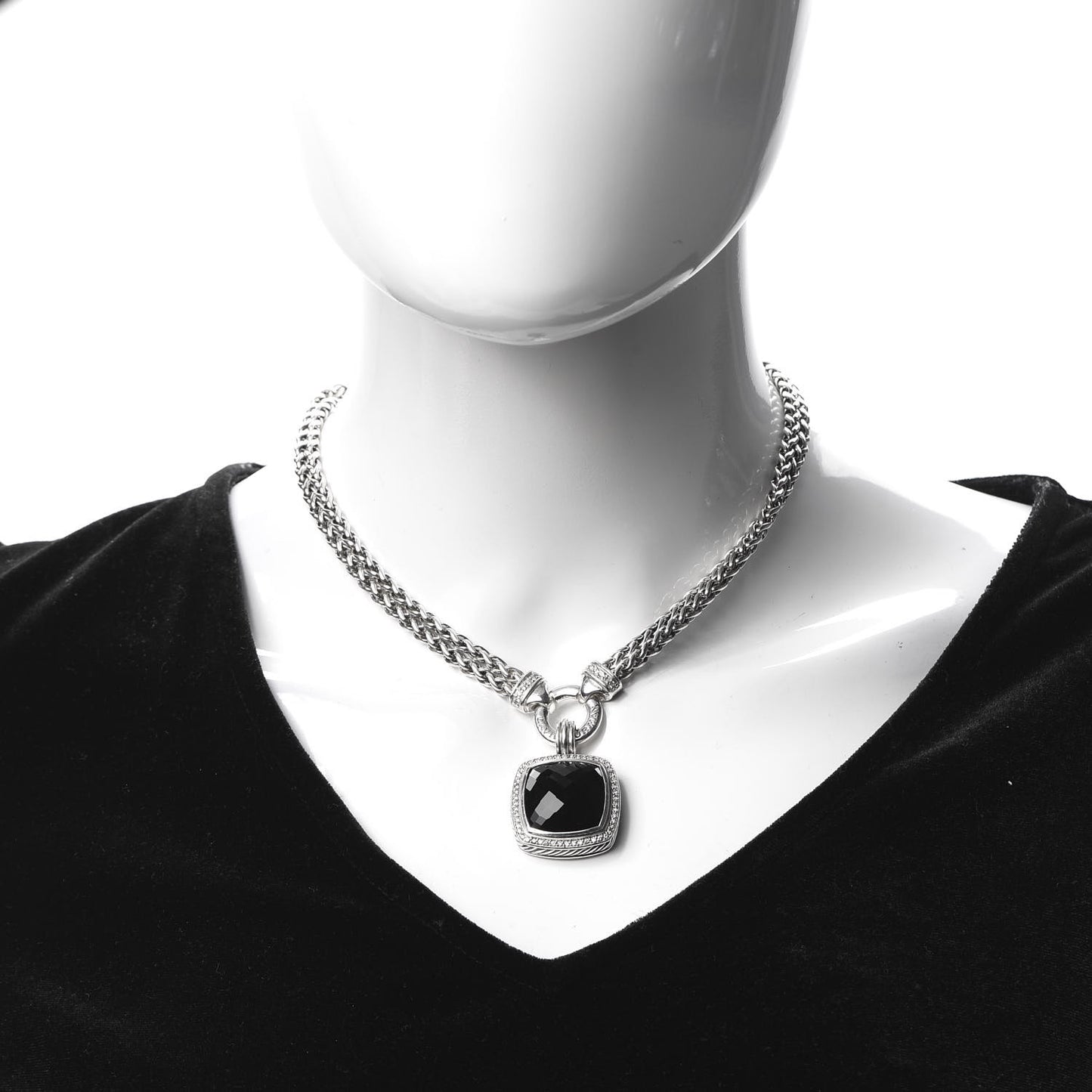 Sterling Silver Diamond Black Onyx 19mm Albion Double Wheat Chain Pendant Necklace