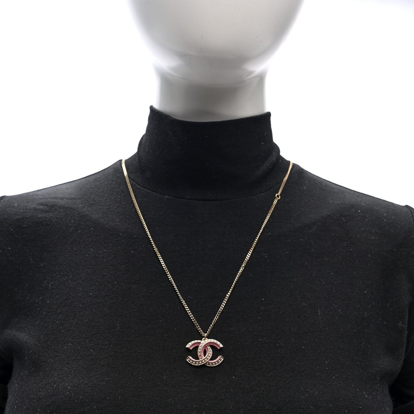 Metal Enamel Pearl CC Chain Necklace Pendant Gold Pink