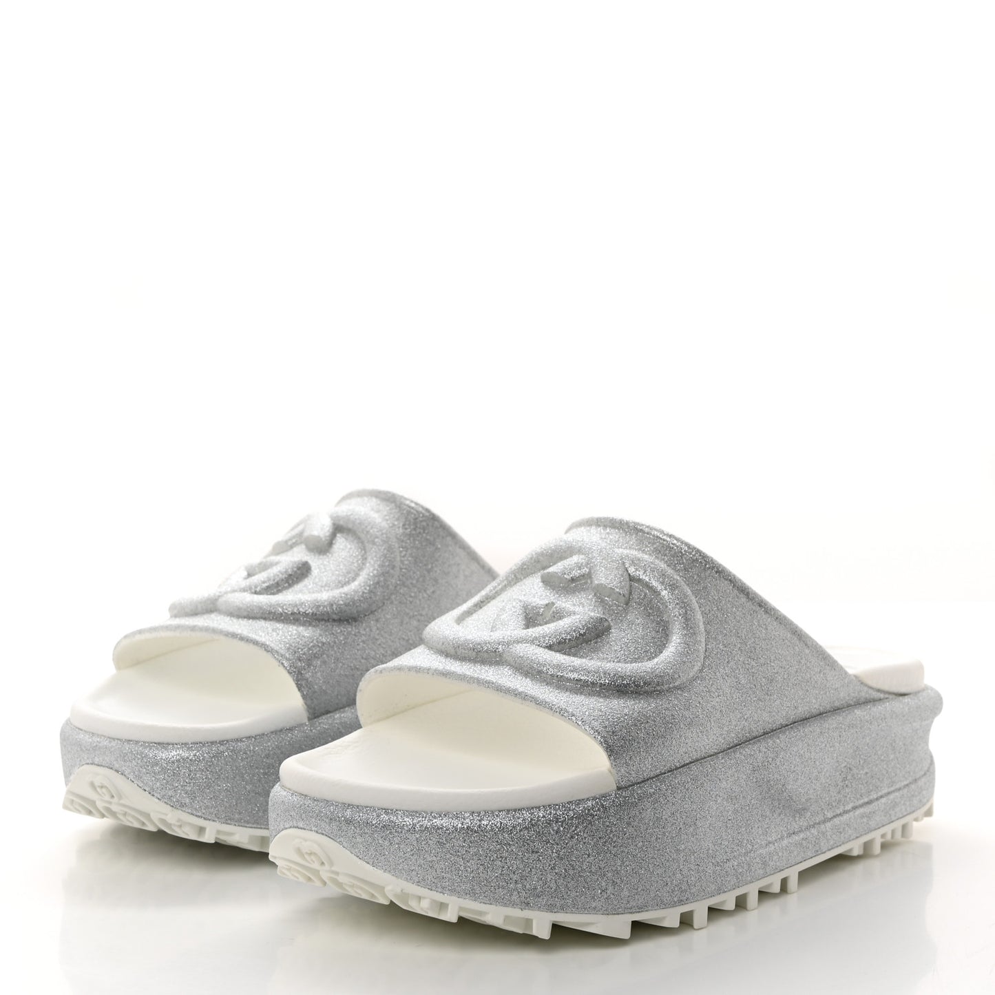 Glitter Rubber Womens Interlocking G Platform 42mm Slide Sandals 39 Silver