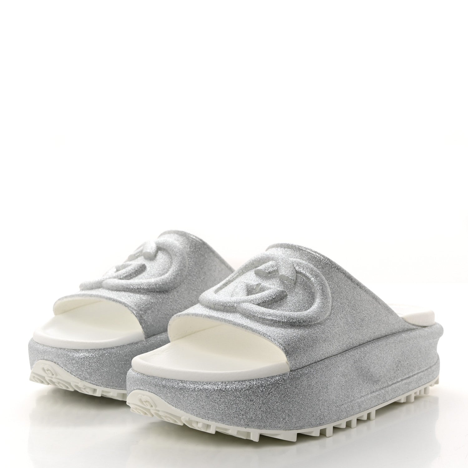 Gucci Glitter Rubber Womens Interlocking G Platform 42mm Slide Sandals 39 Silver 3 of 9