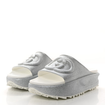 Gucci Glitter Rubber Womens Interlocking G Platform 42mm Slide Sandals 39 Silver 3 of 9