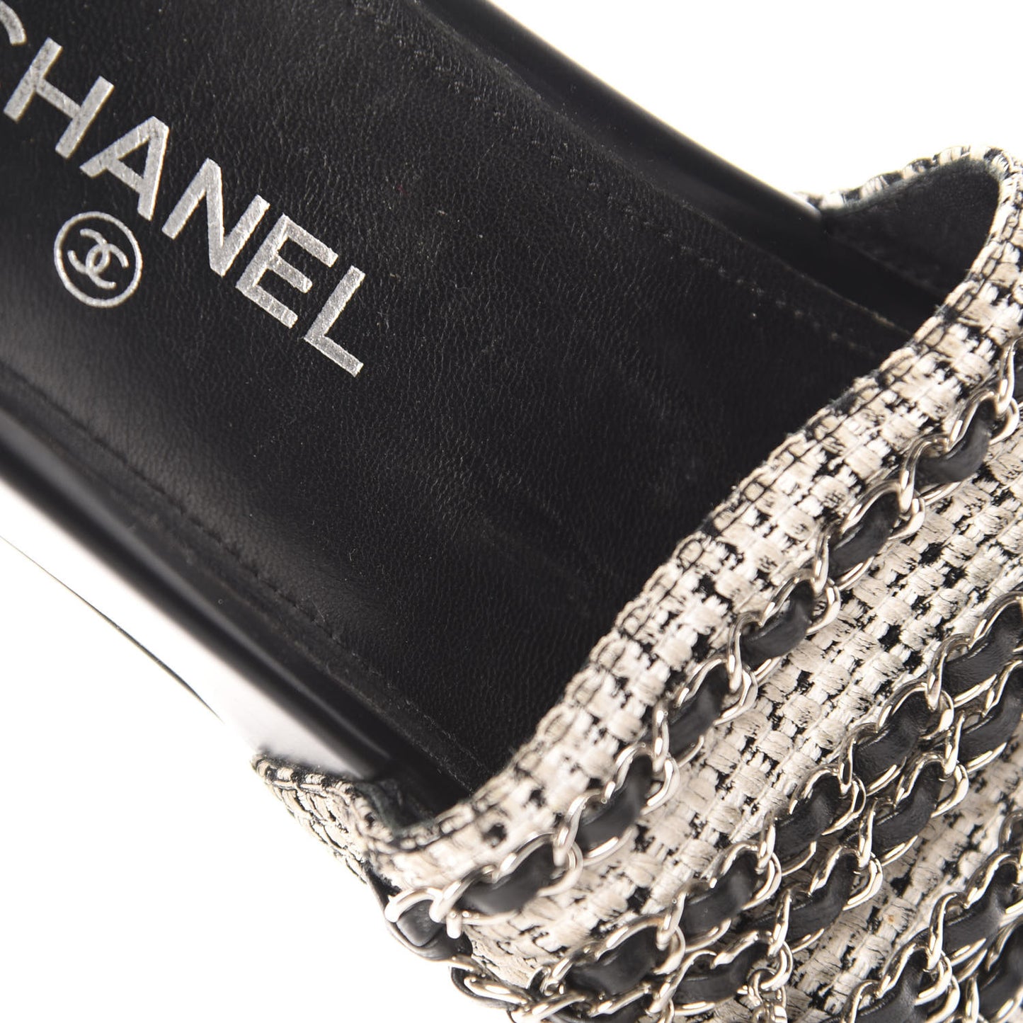 Tweed Lambskin Chain Flat Sandals 37 White Black