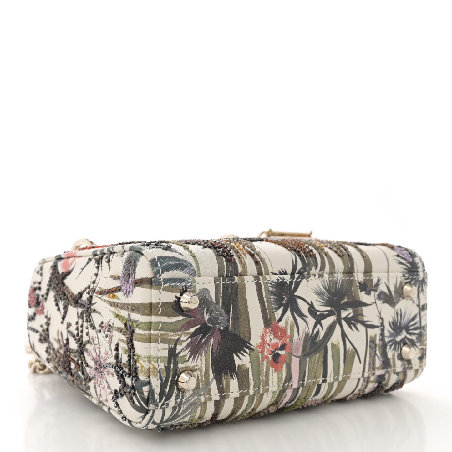 Calfskin Beaded Embroidered Jardin Naturel Mini Lady Dior White Multicolor