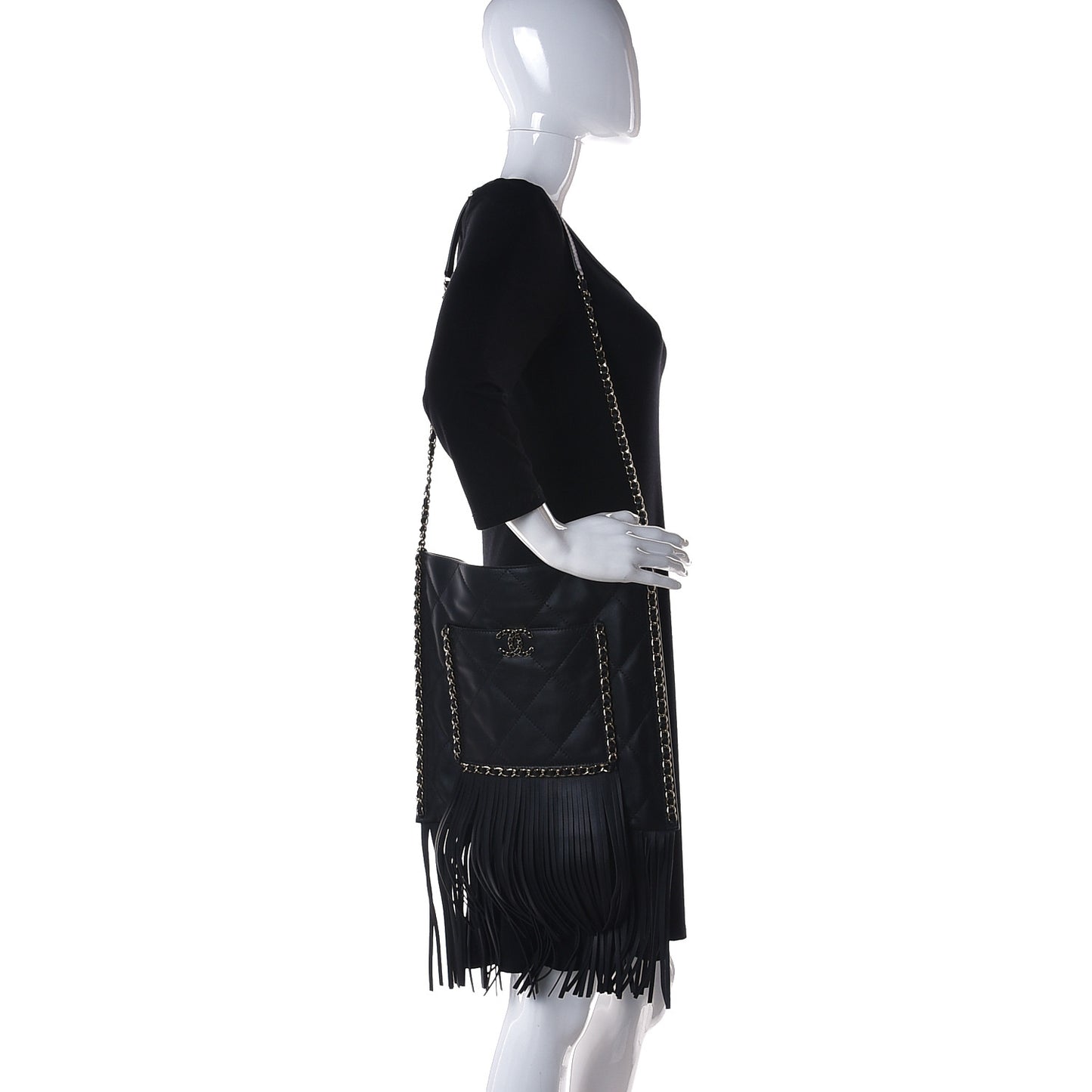 Calfskin Quilted Fringe Shopping Bag Black