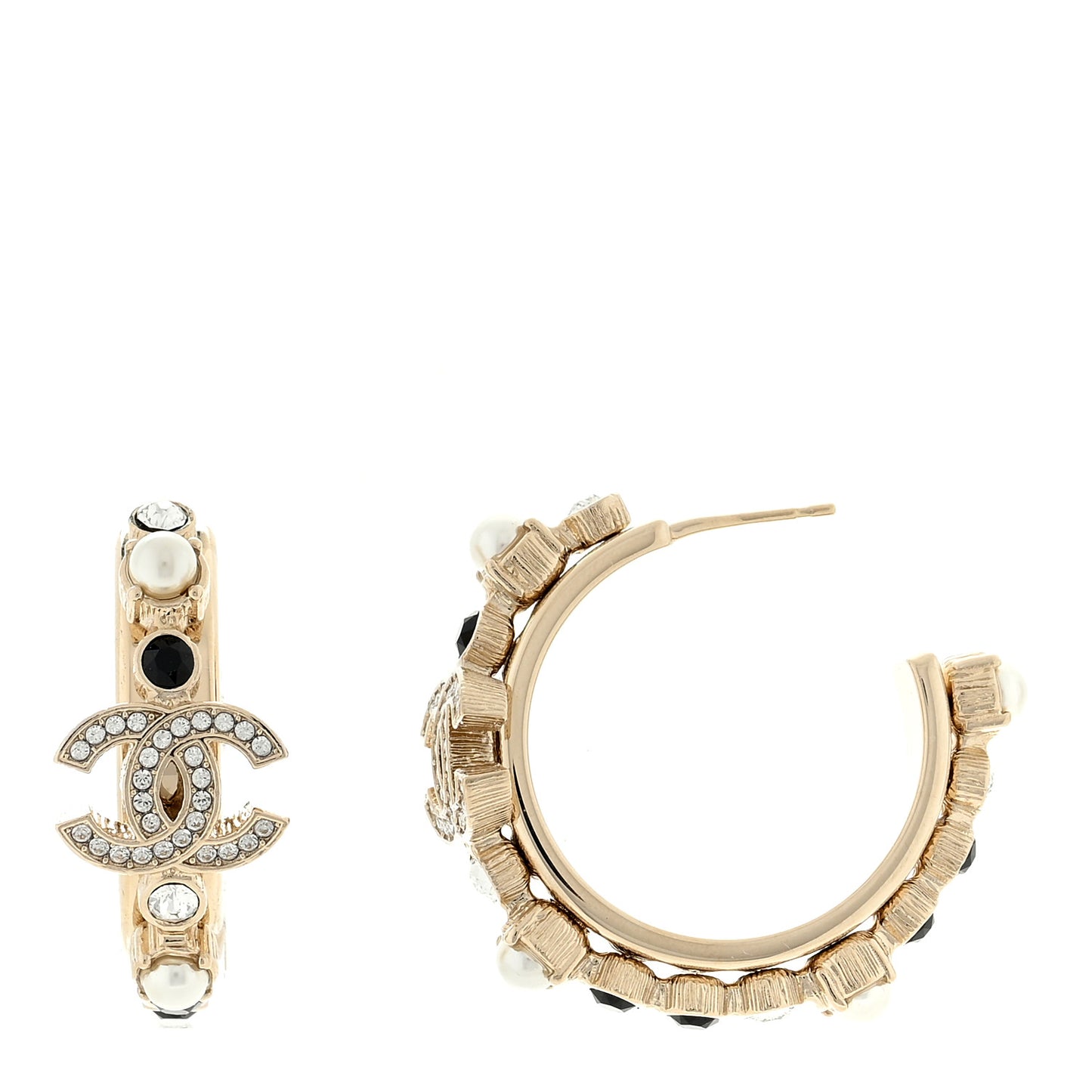 Crystal Pearl CC Hoop Earrings Gold Black