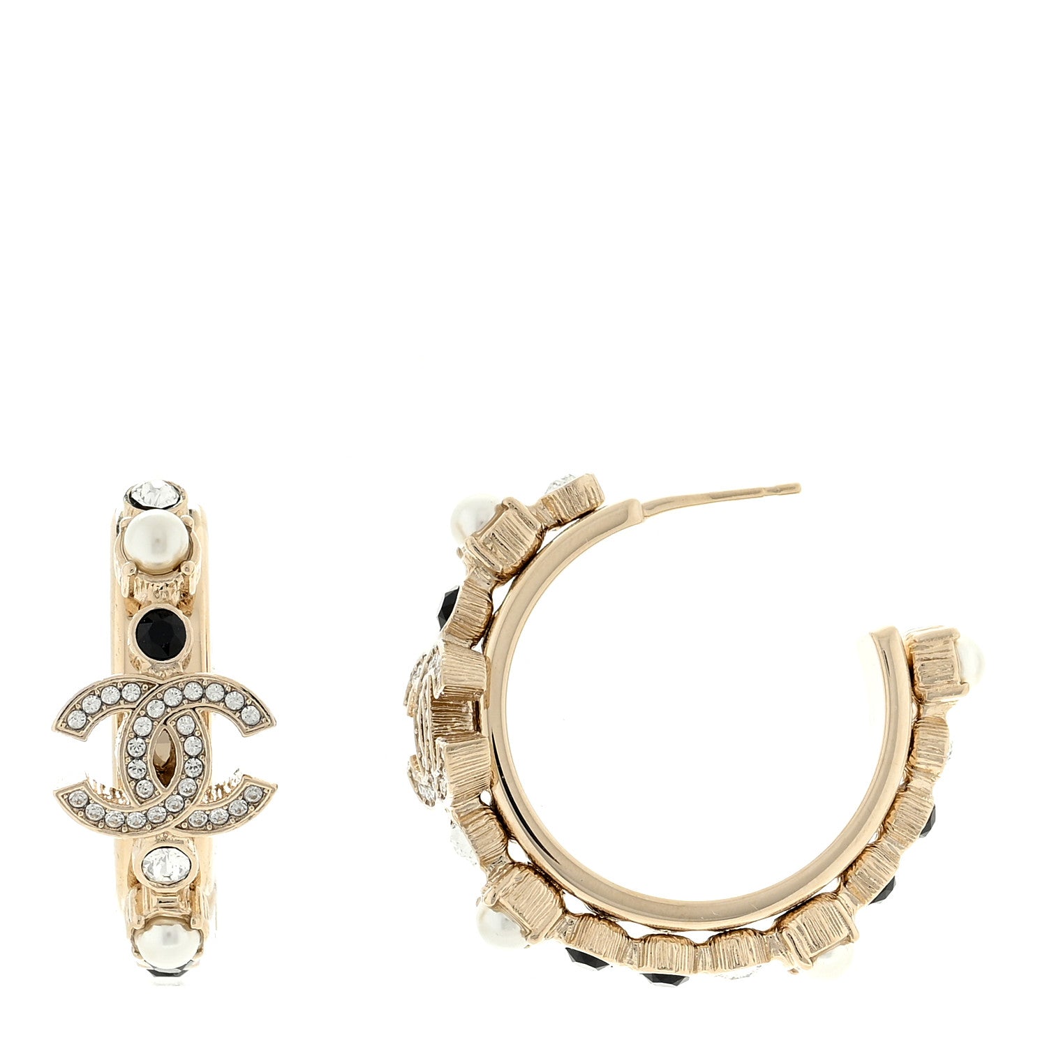 Chanel Crystal Pearl CC Hoop Earrings Gold Black 1 of 4