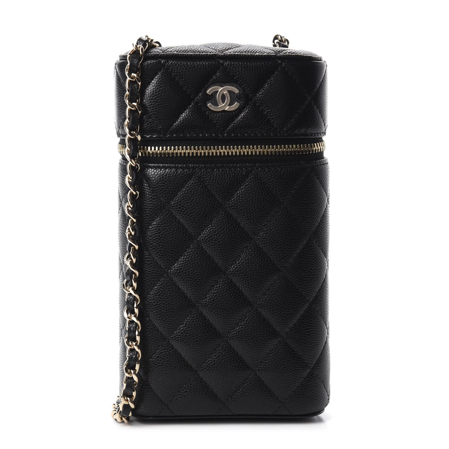 Caviar Quilted Phone Holder With Chain Black