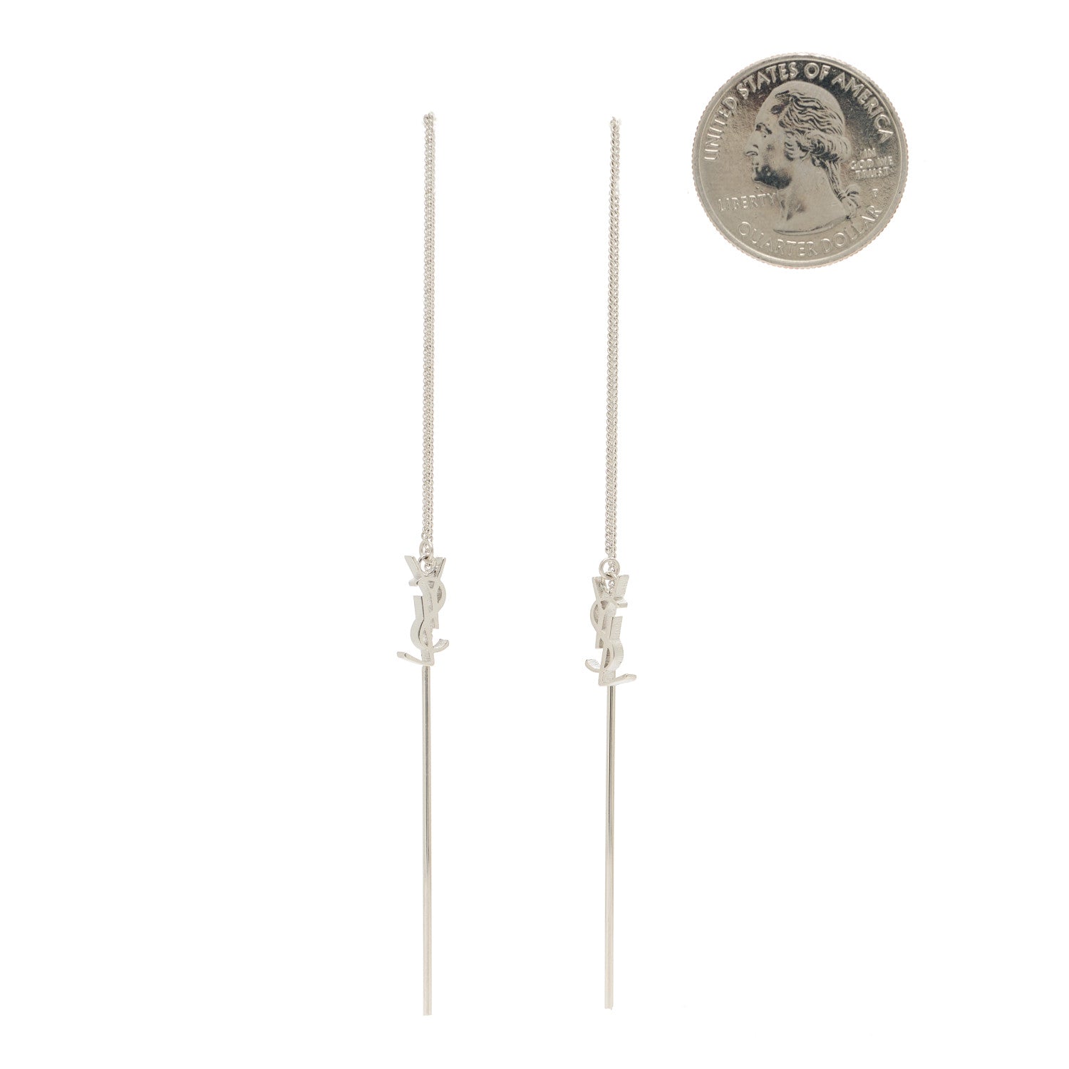 Saint Laurent Metal Monogram Pendant Threader Earrings Silver 2 of 3