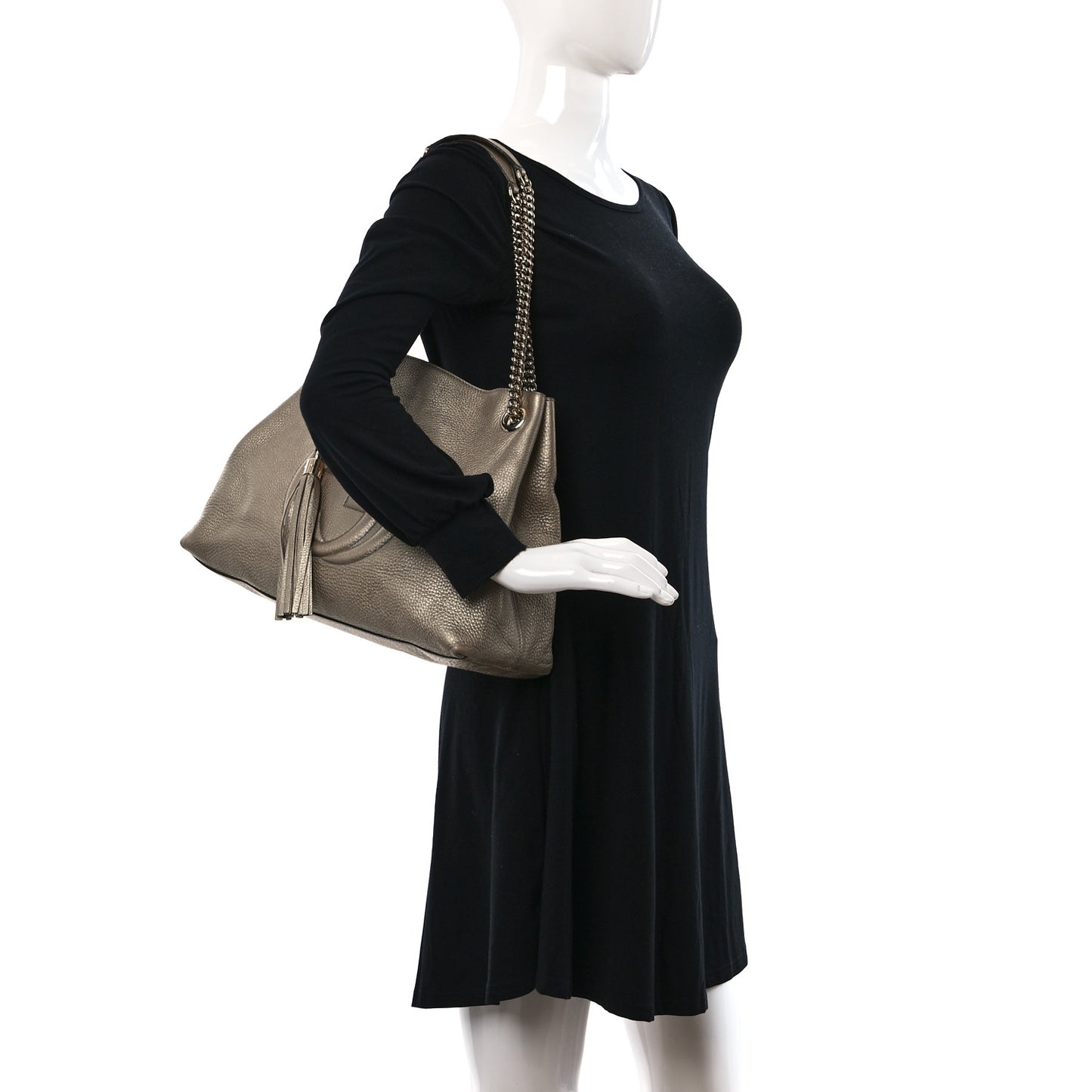 Metallic Pebbled Calfskin Medium Soho Chain Shoulder Bag Golden Beige
