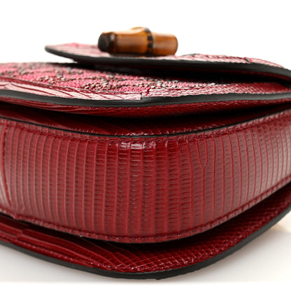 Gucci Moire Fabric Calfskin Rhinestone Monogram Monochrome Lizard Embossed Mini Bamboo 1947 Top Handle Chain Bag Red 10 of 10