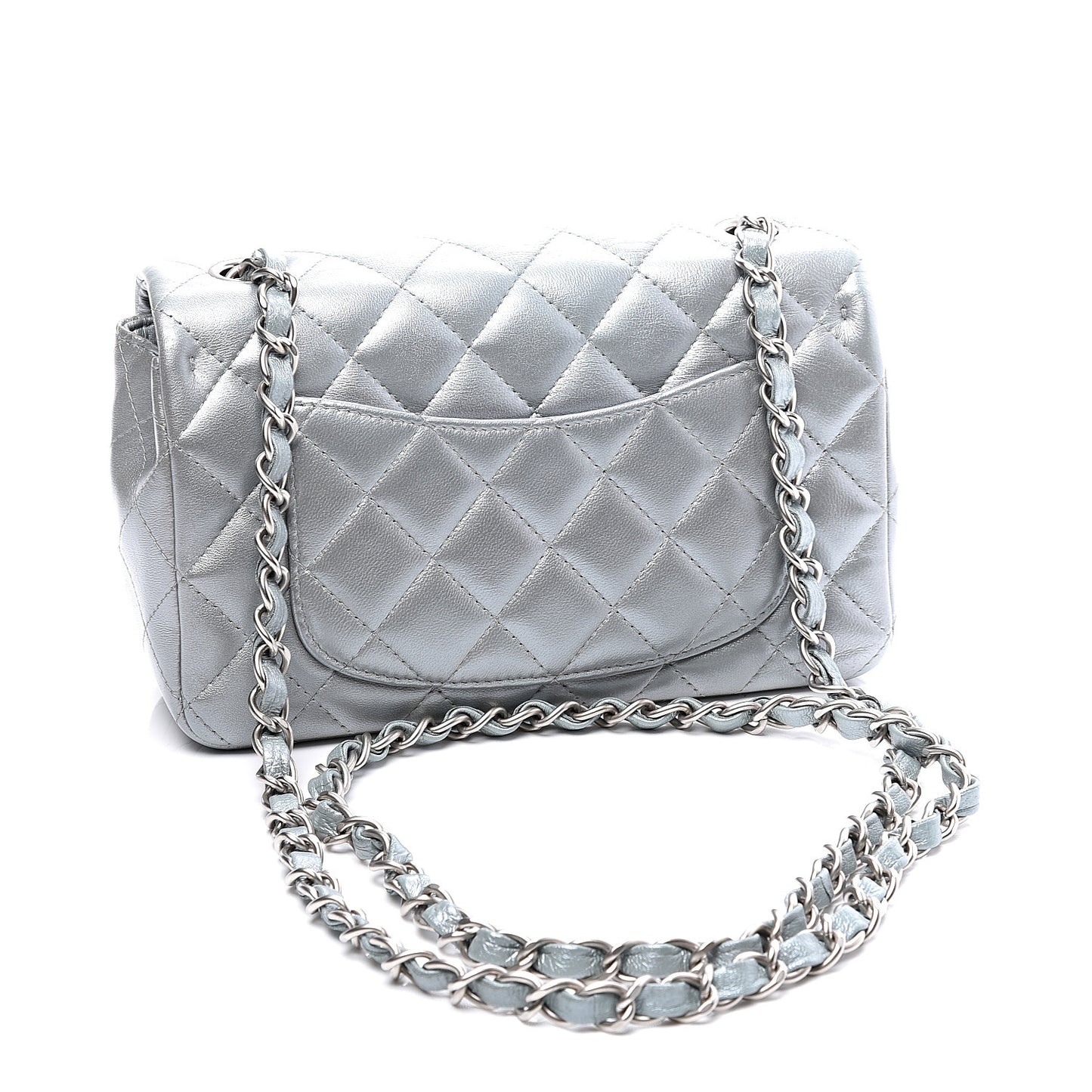 Metallic Lambskin Quilted Mini Rectangular Flap Silver