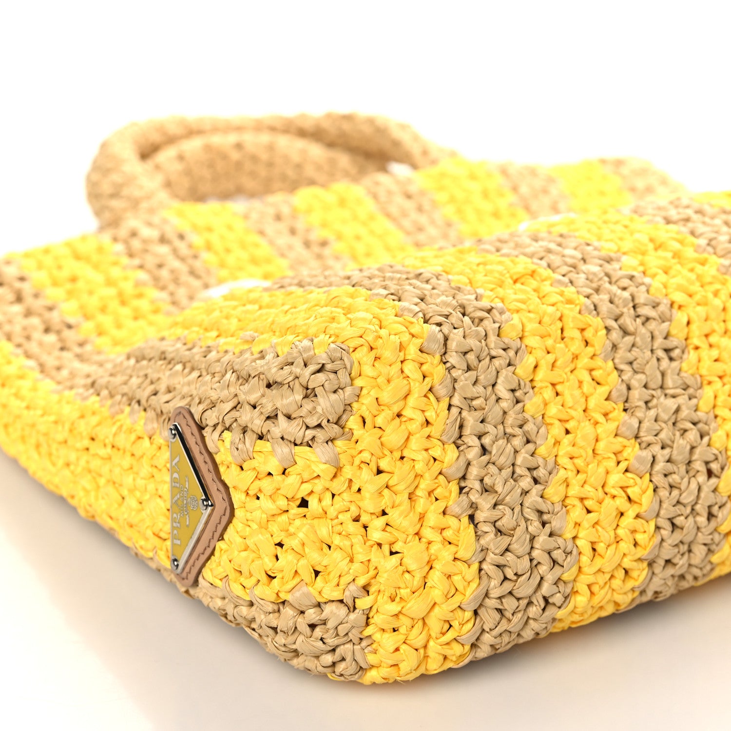 Prada Yarn Raffia Effect Crochet Striped Small Logo Tote Naturale Giallo 8 of 9