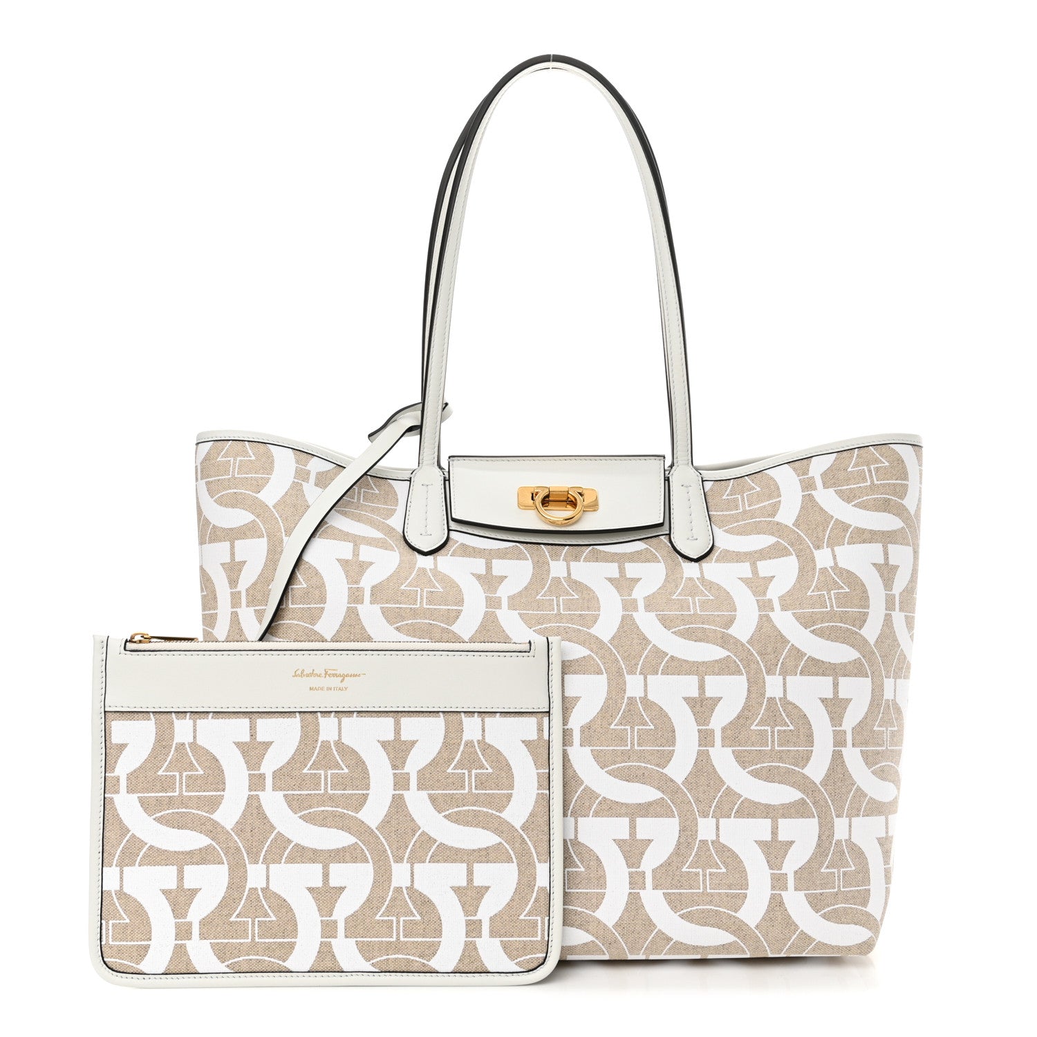 Salvatore Ferragamo Canvas Calfskin Gancini Tote White Beige 1 of 12