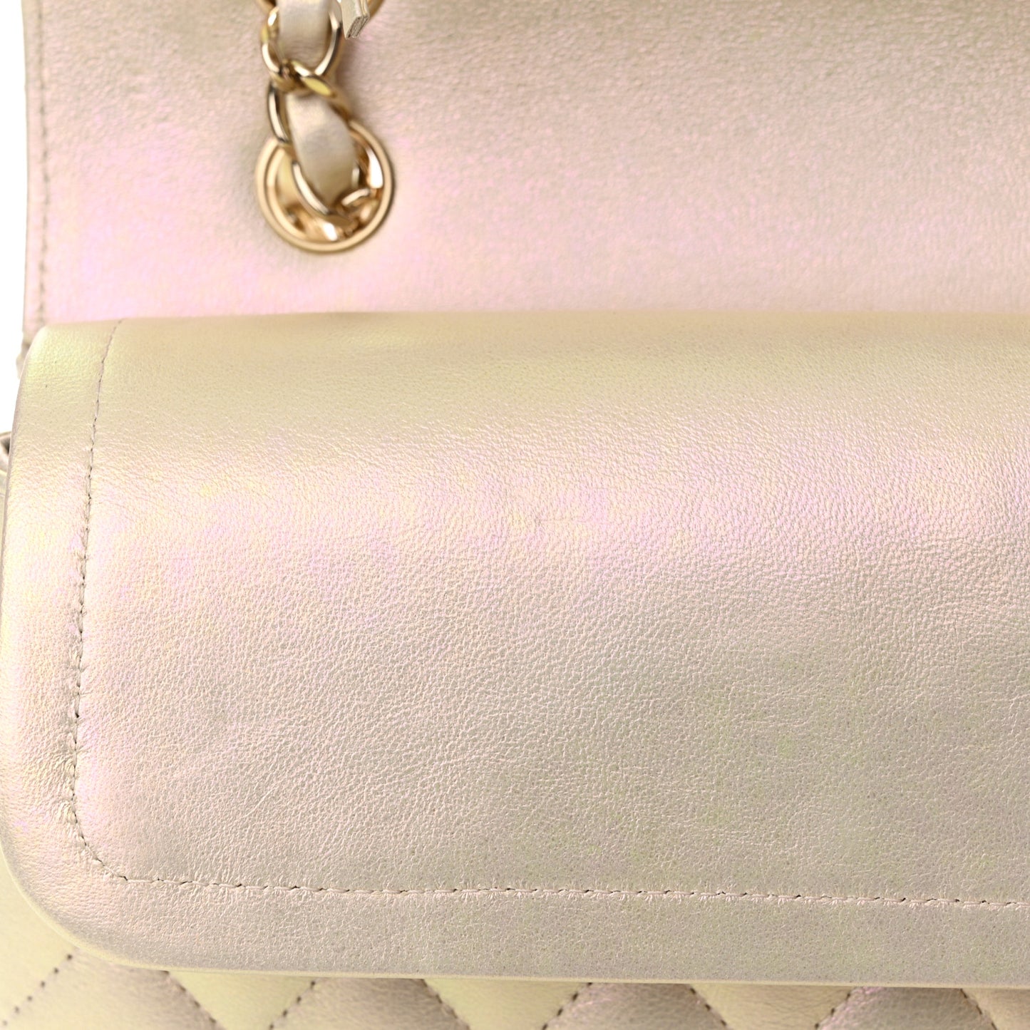Iridescent Lambskin Quilted Medium Double Flap Ivory