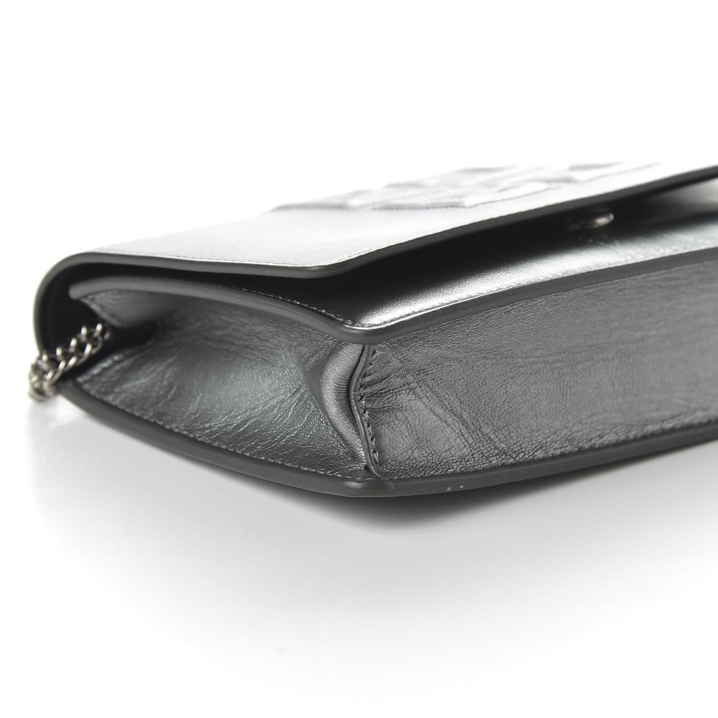 Metallic Lambskin Emblem Chain Wallet Silver