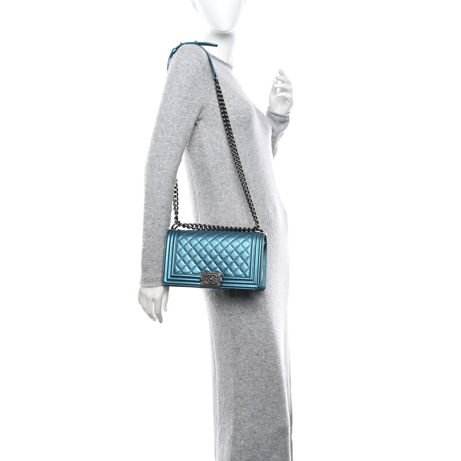 Chanel Metallic Caviar Quilted Medium Boy Flap Turquoise 2 of 11