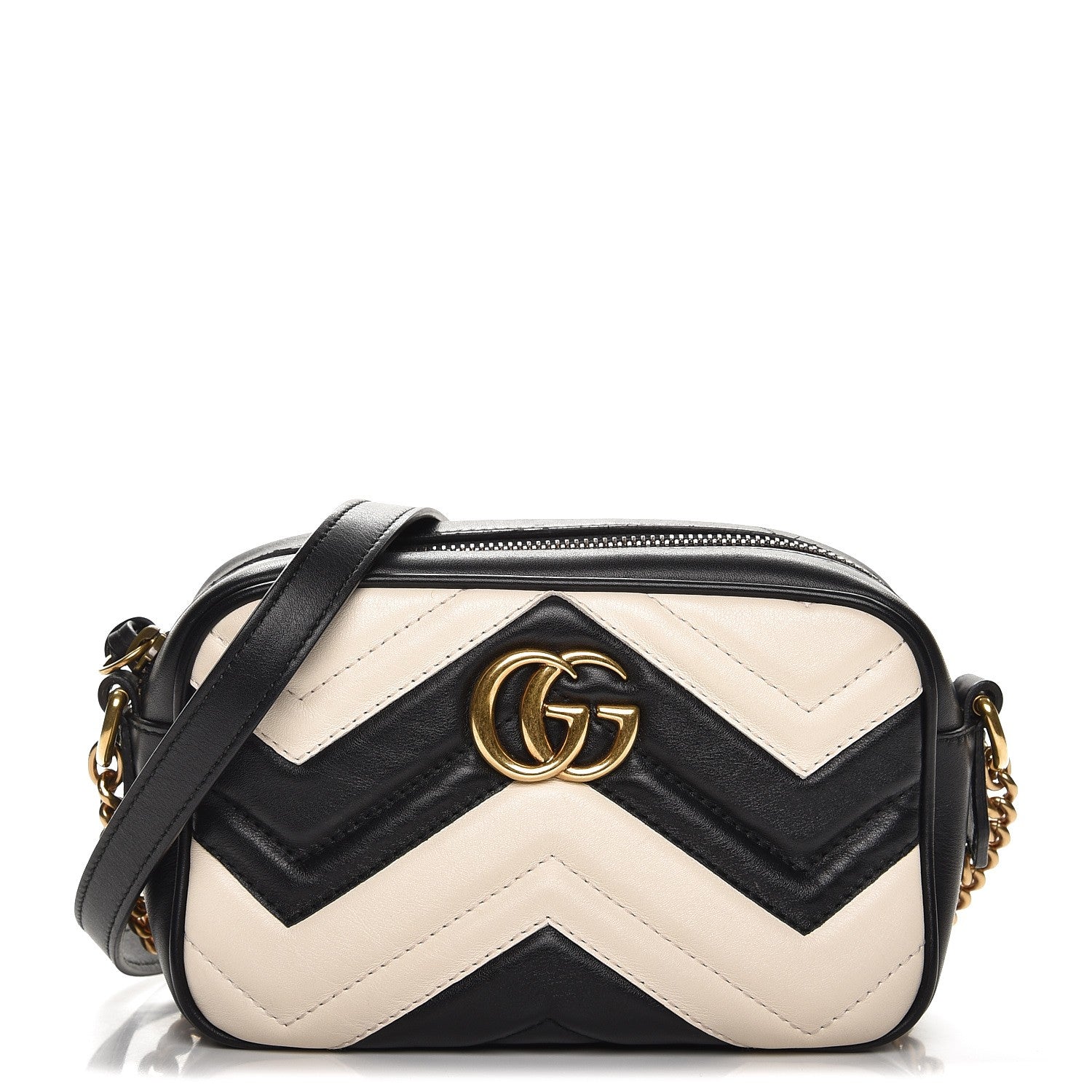 Gucci Calfskin Matelasse Mini GG Marmont Chain Shoulder Bag Black White 1 of 7