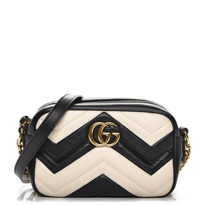 Gucci Calfskin Matelasse Mini GG Marmont Chain Shoulder Bag Black White 1 of 7
