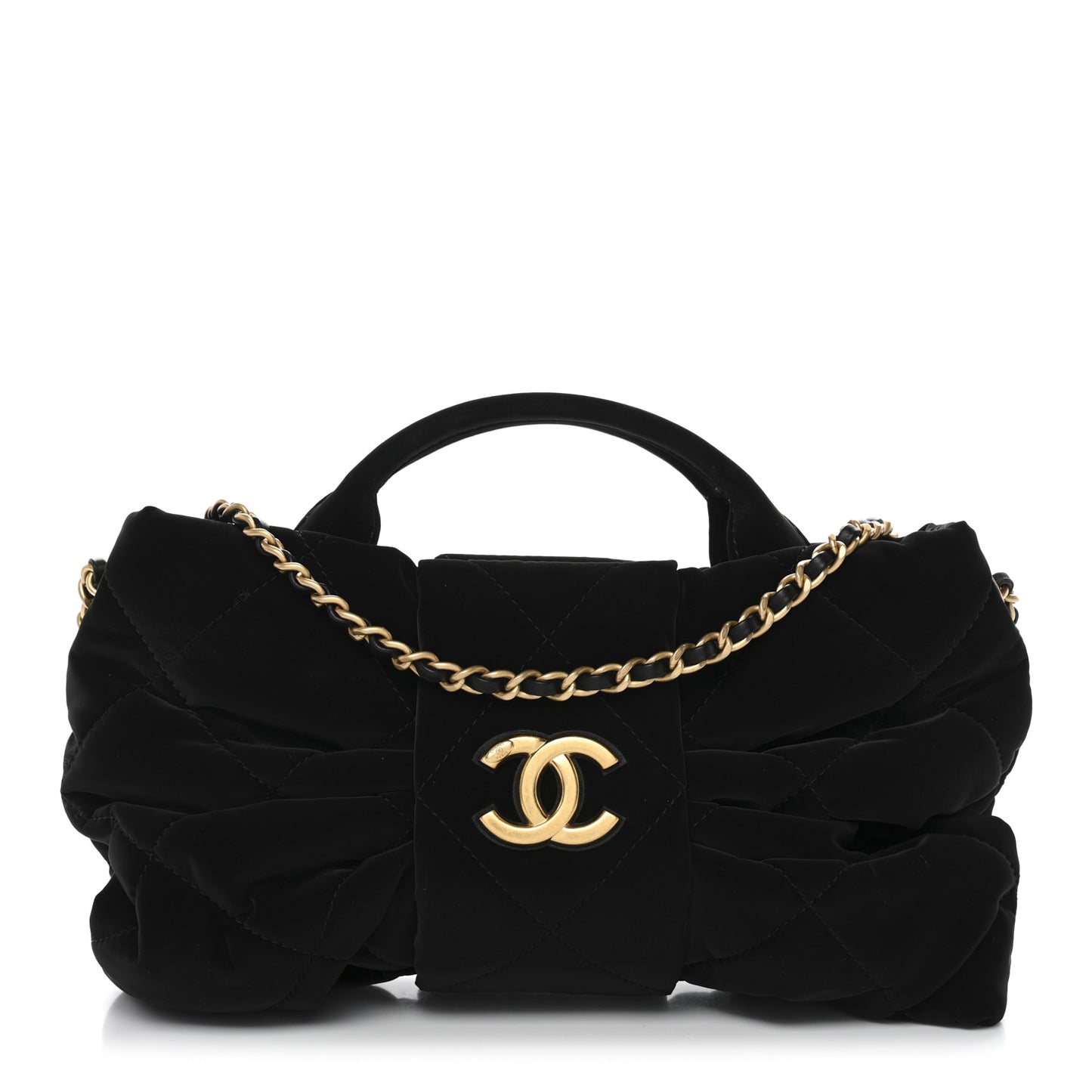 Velvet Effect Nylon Quilted Mini Bow Bag Black