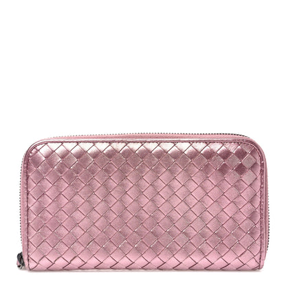 Bottega Veneta Metallic Nappa Intrecciato Zip Around Wallet Pink 1 of 8