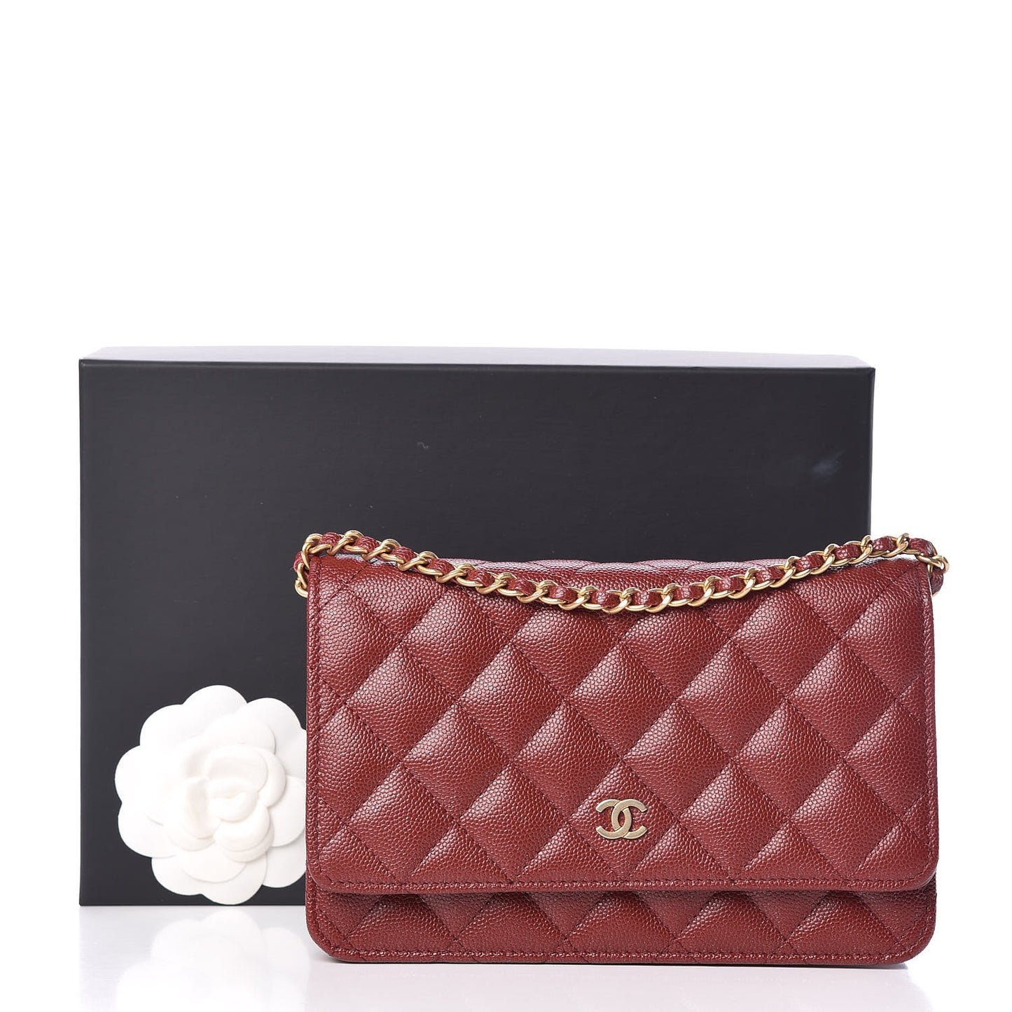 Metallic Caviar Quilted Wallet On Chain WOC Red
