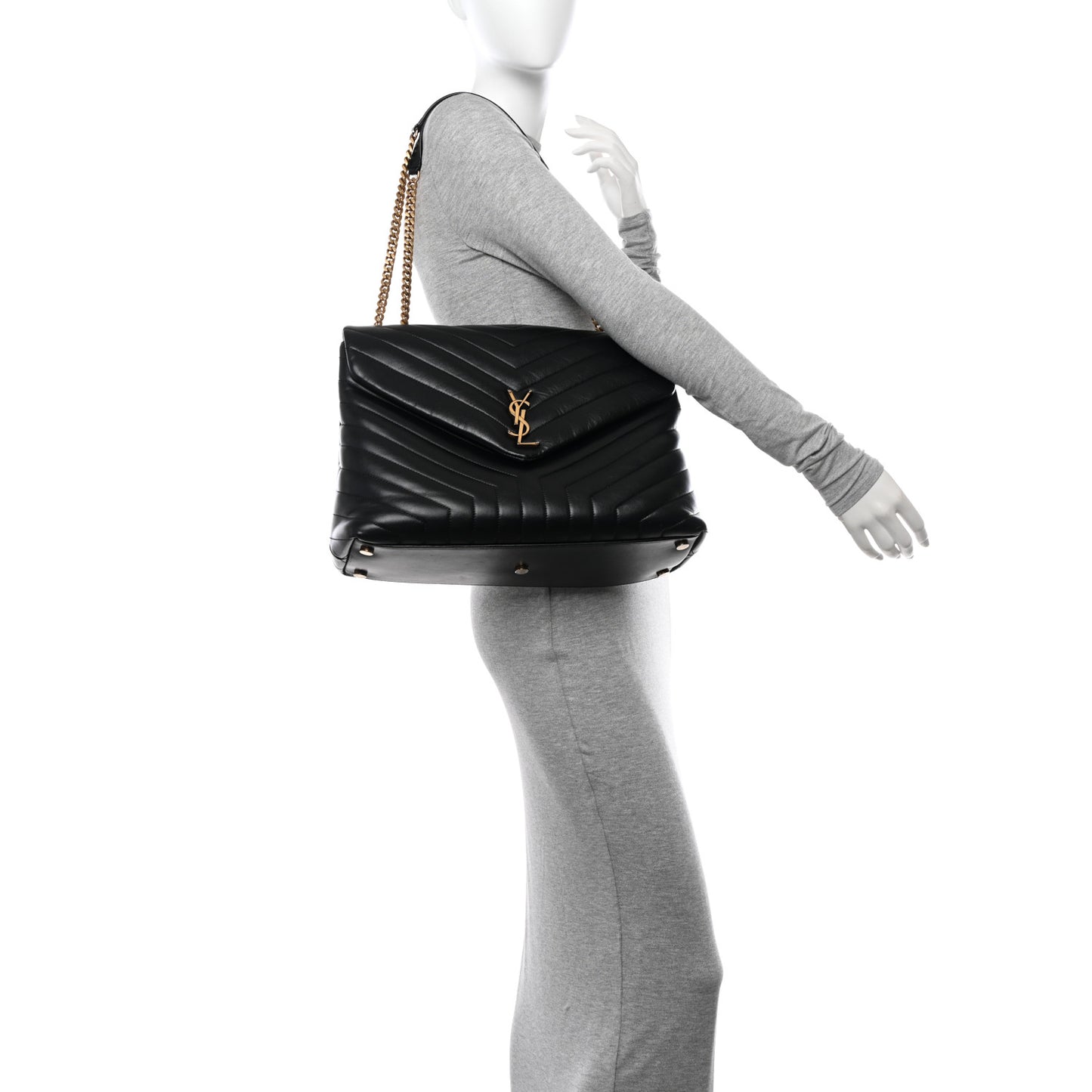 Calfskin Y Quilted Monogram Large Loulou Chain Satchel Black