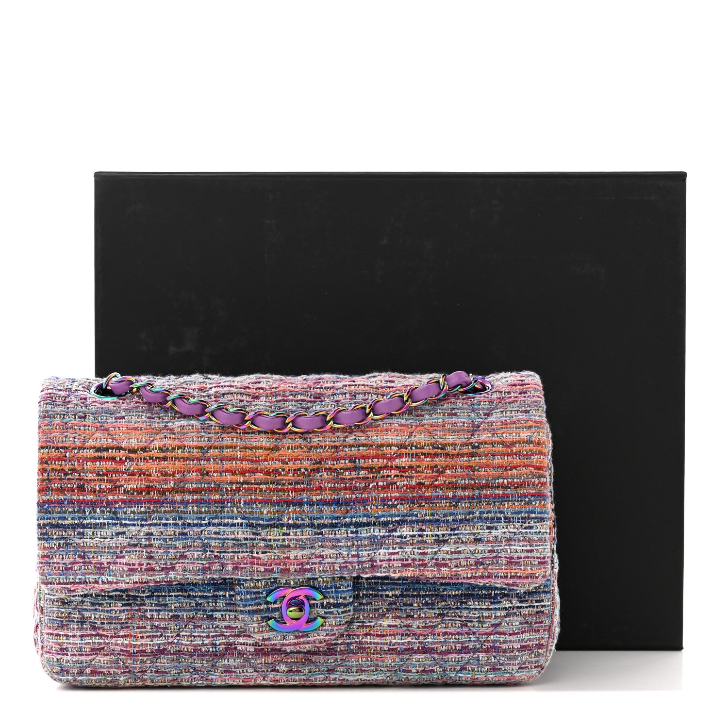 Chanel Tweed Quilted Medium Double Flap Blue Pink Orange 11 of 11