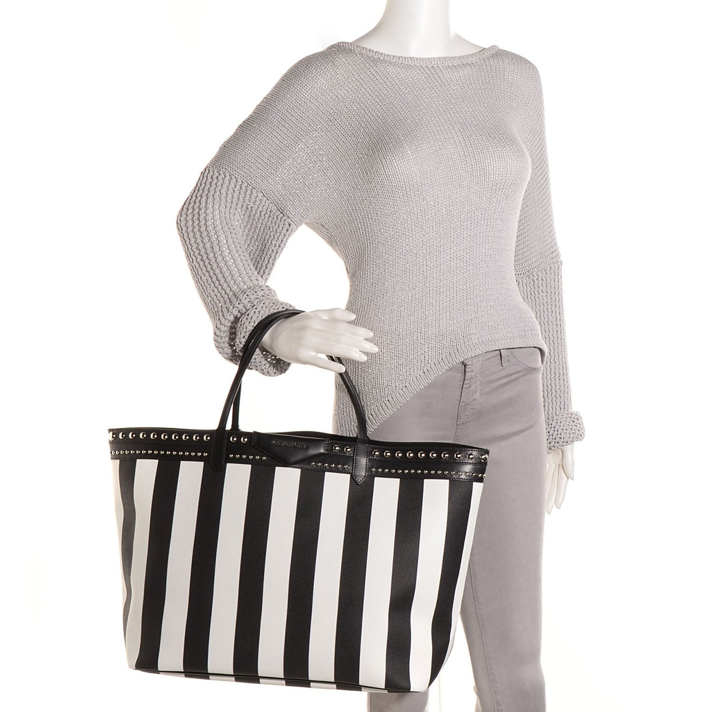 Coated Canvas Striped Large Antigona Tote Black White