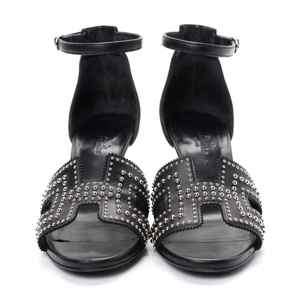 Hermes Calfskin Clous Legend Wedge Sandals 37 Black 2 of 10